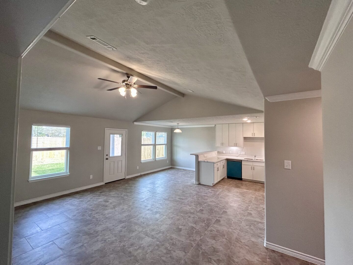 Open-plan living room with kitchen area.
